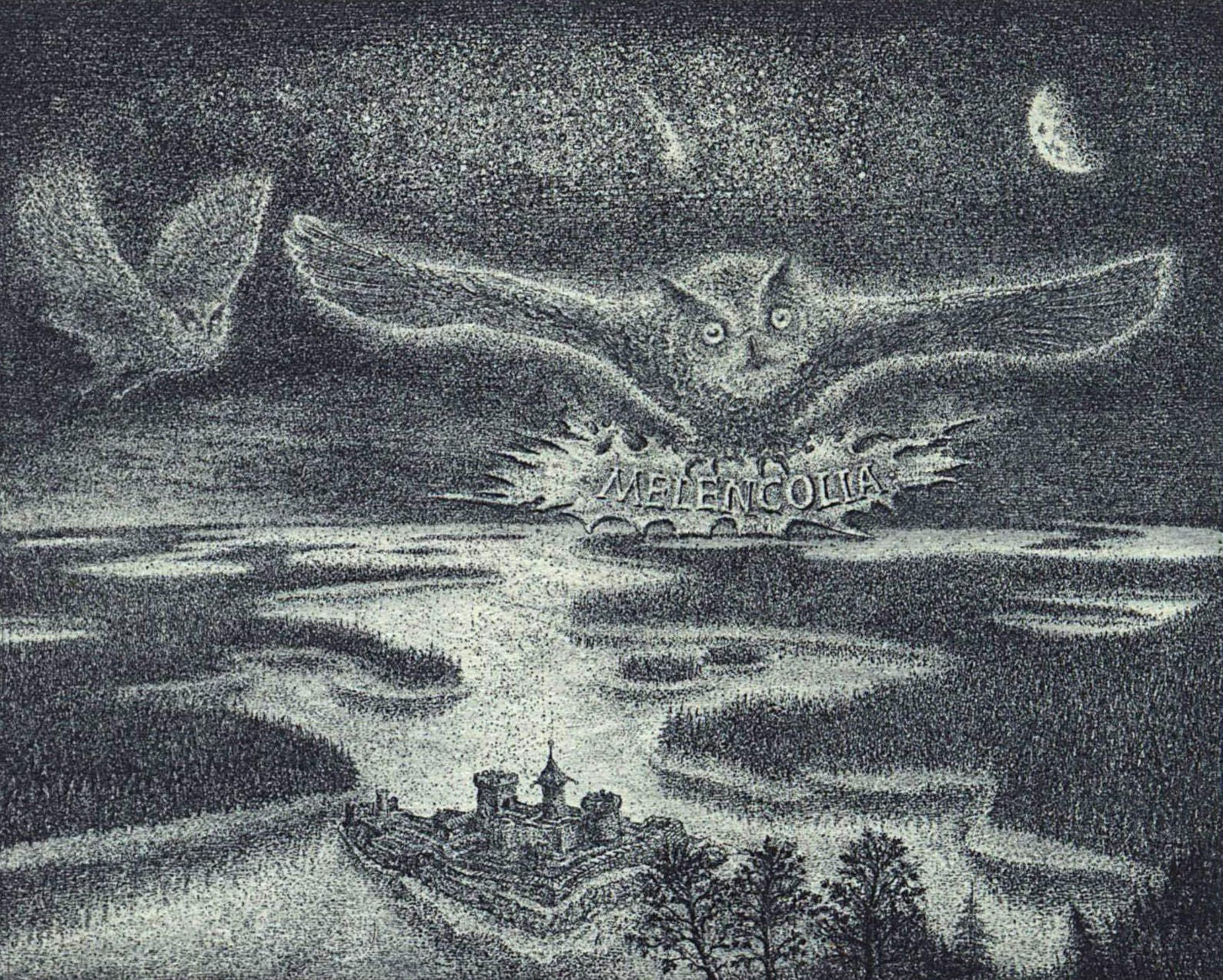 Melancolia, Small Owl Landscape Etching Mini Print by Marin Gruev