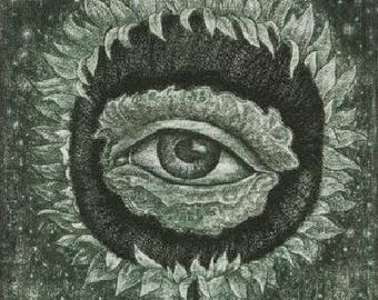 Night - Small Sunflower Etching Mini Print by Marin Gruev