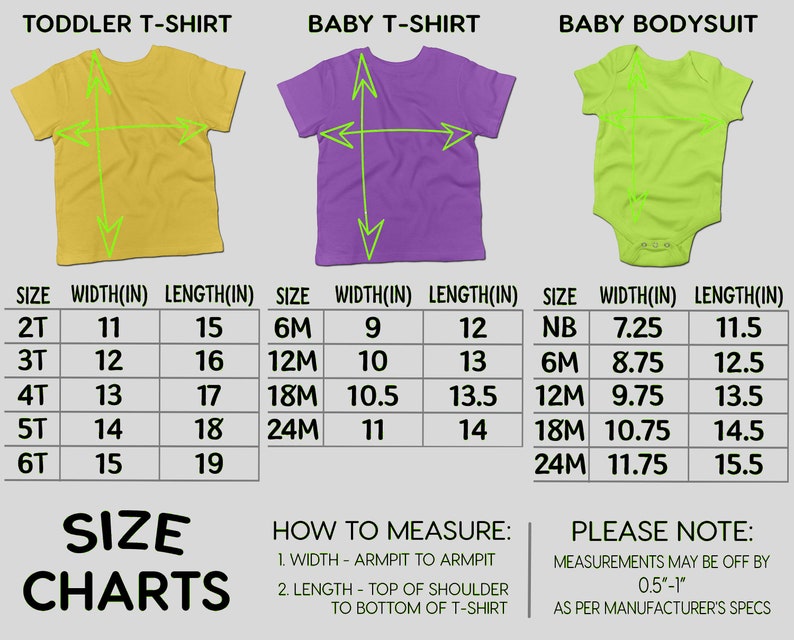 May include: Size chart for toddler and baby t-shirts and bodysuits. The chart shows sizes from 2T to 6T for toddlers, 6M to 24M for babies, and NB for newborns. Measurements are in inches. The chart also includes instructions on how to measure for a proper fit.