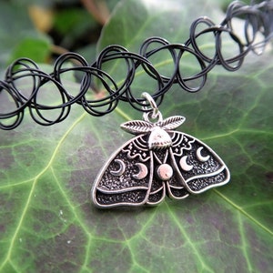 Luna Moth Tattoo Choker | Black Stretchy Tattoo Choker, Moth Necklace, Moth Pendant