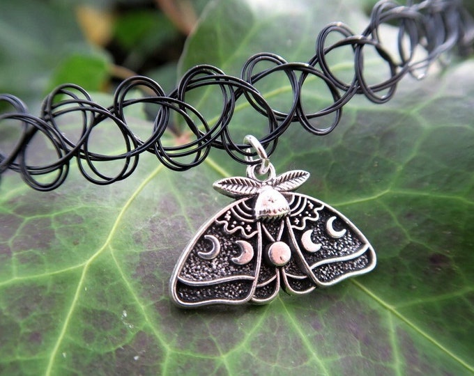 Featured listing image: Luna Moth Tattoo Choker | Black Stretchy Tattoo Choker, Moth Necklace, Moth Pendant, Witchy, Celestial, Goth