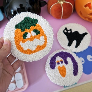Halloween Cookie Punch Needle Coasters | Handmade Mug Rugs, Tufted Coaster, Yarn Coaster, Kawaii Coaster, Halloween Coaster, Summerween