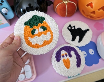 Halloween Cookie Punch Needle Coasters - Handmade Mug Rug, Summerween, Spooky Halloween Decor, Spooky Season, Kawaii Halloween Gift