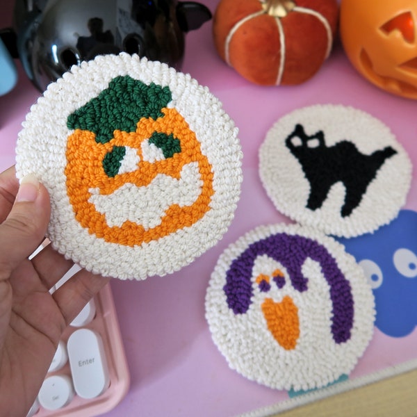 Halloween Cookie Punch Needle Coasters - Handmade Mug Rug, Summerween, Spooky Halloween Decor, Spooky Season, Kawaii Halloween Gift