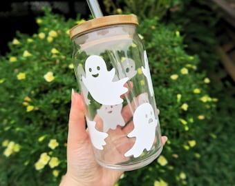 Ghost Glass Tumbler with Straw & Bamboo Lid, Halloween Iced Coffee Cup