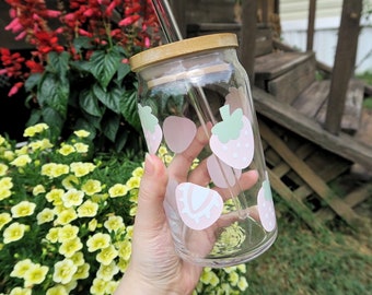 Pink Strawberry Glass Tumbler with Bamboo Lid & Straw - Iced Coffee Cup