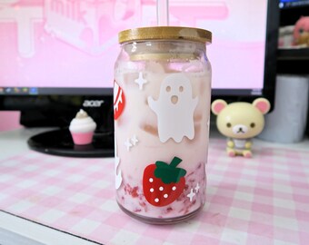 Kawaii Ghost and Strawberry Glass Cup with Bamboo Lid & Straw