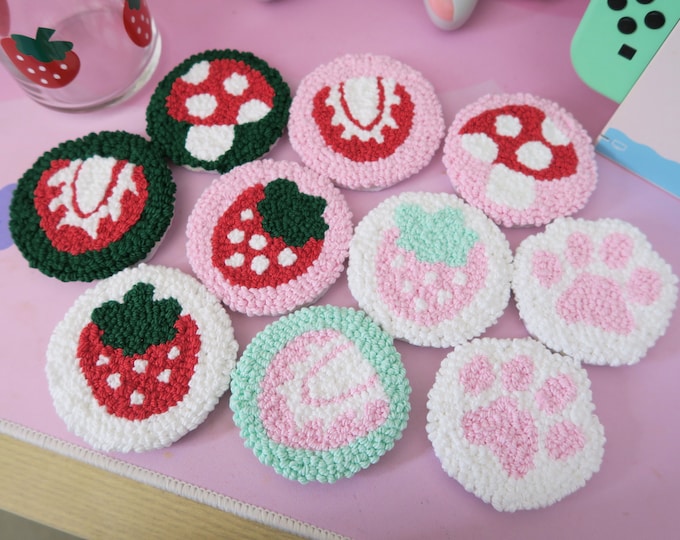 Featured listing image: Set of 2 Punch Needle Car Coasters | Mug Rugs, Yarn Coasters, Gift for New Car, Strawberry Car, Kawaii Car, Cute Car