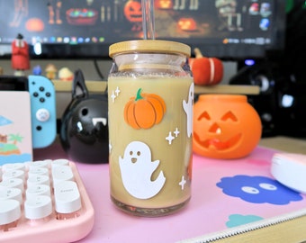 Cute Ghosts & Pumpkins Glass Cup | Spooky Glass Beer Can Cup, Halloween Mug, Halloween Iced Coffee Cup, Bamboo Lid and Straw, Kawaii Cup