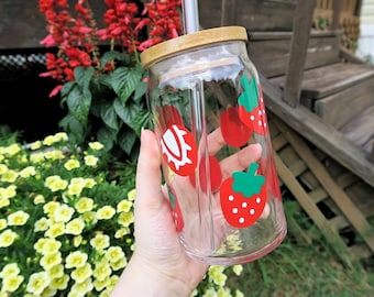 Strawberry Glass Tumbler with Bamboo Lid & Straw, Iced Coffee Cup