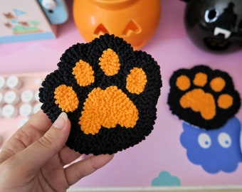 Halloween Cat Paw Punch Needle Coasters | Handmade Mug Rugs, Tufted Coaster, Yarn Coaster, Kawaii Coaster, Kawaii Setup, Halloween Coaster