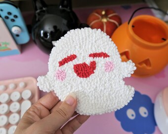 Hu Tao's Ghost Coaster | Handmade Genshin Impact Punch Needle Mug Rugs, Tufted Coaster, Yarn Coaster, Kawaii Coaster, Genshin Gift