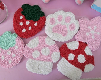 Kawaii Punch Needle Coasters - Handmade Tufted Mug Rugs, Cute Cottagecore Drink Coaster, Gift for Cat Lovers, Strawberry,  Aesthetic Desk