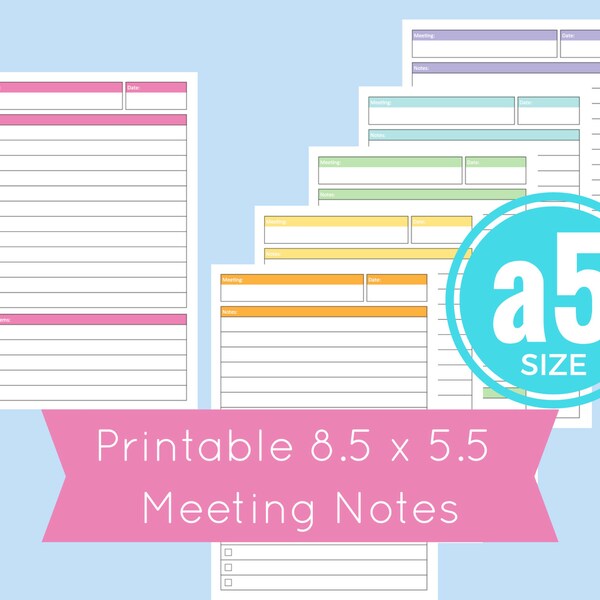 Meeting Notes, Planner Meeting Notes, Junior Size, Arc Planner, Printable Planner Half Size, Planner Pages, Discbound Planner Pages