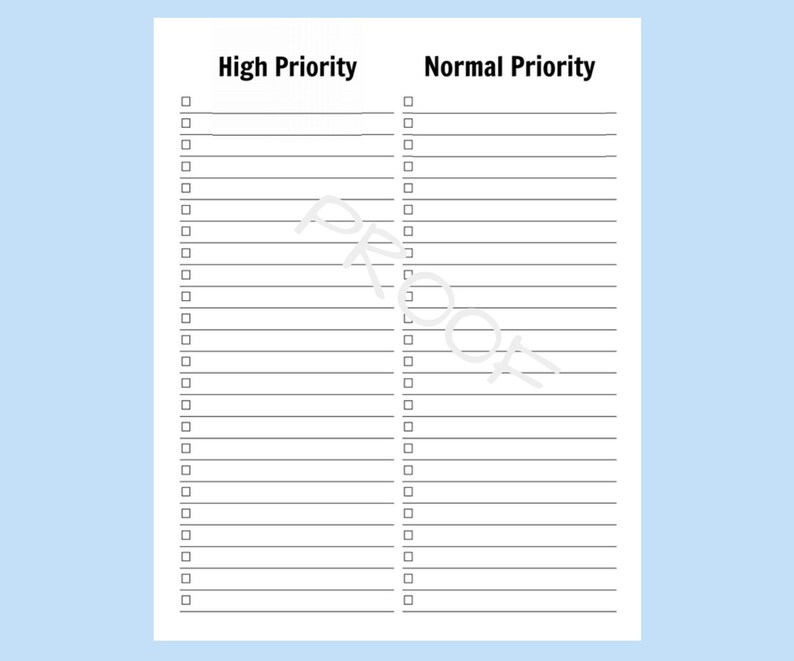 May include: A printable to-do list with two columns, one labeled "High Priority" and the other labeled "Normal Priority". Each column has 25 blank lines with checkboxes.