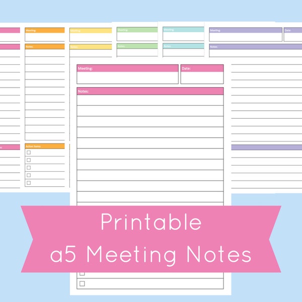 Meeting Notes, a5 planner inserts, a5 meeting notes, a5 planner pages, kikki k inserts, work planner, printable a5 pages, a5 inserts