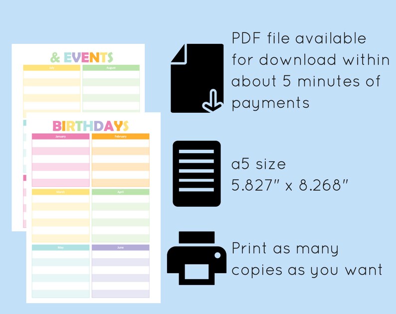 A5 Birthday Calendar, A5 Planner Inserts, Birthdays and Events, Filofax ...