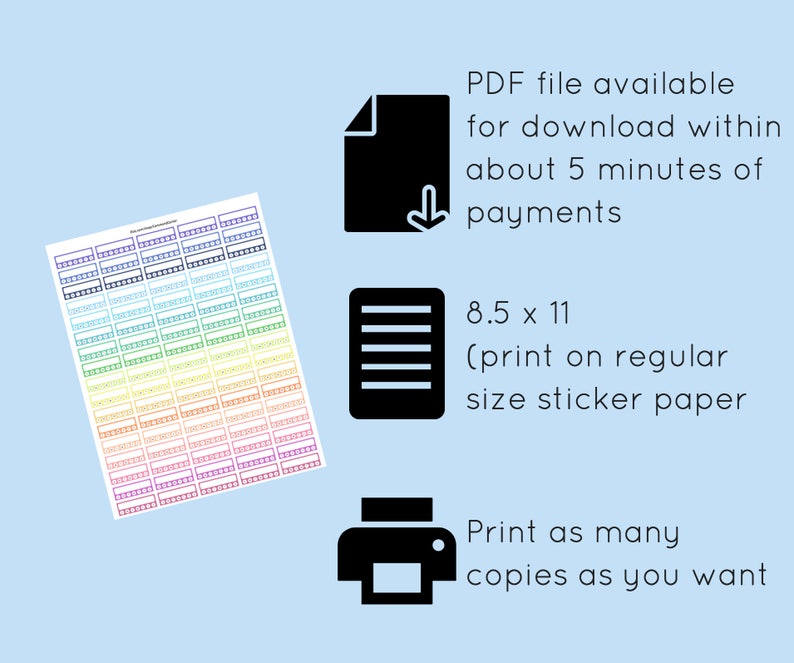 May include: Printable sticker sheet with 84 colorful rectangular boxes. The sheet is 8.5 inches by 11 inches and can be printed on regular sticker paper. The digital file is available for download within 5 minutes of payment.