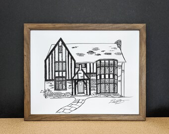 Tudor Revival, House Drawing, Wall Art, Digital Download