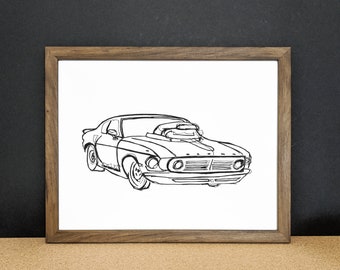 Car Print Download - 69 Mustang Car Drawing Vehicle Art Muscle Car Men's Gift