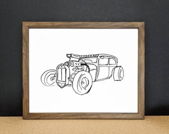 Car Print Download - Rat Rod Car Drawing Vehicle Art Muscle Car Men's Gift