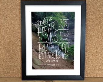 Handlettering - The Heart of a Man Proverbs 16:9 Illustration Scripture Art