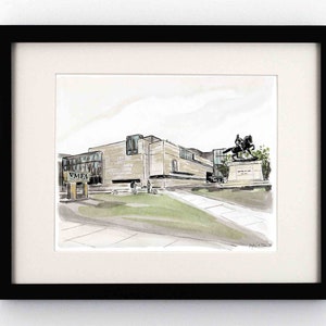 May include: A watercolor painting of the Virginia Museum of Fine Arts (VMFA) in Richmond, Virginia. The building is a light brown color with large windows and a statue of a man on horseback in front of it.