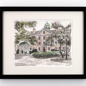 May include: A watercolor illustration of a brick building with a cupola on top. The building is surrounded by trees and a white gazebo. The text "Old Well, UNC Chapel Hill" is at the bottom of the image.