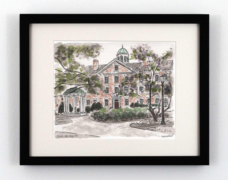 May include: A watercolor illustration of a brick building with a cupola on top. The building is surrounded by trees and a white gazebo. The text "Old Well, UNC Chapel Hill" is at the bottom of the image.