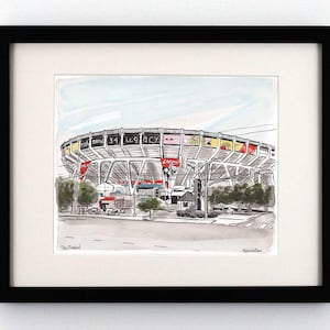 May include: A watercolor illustration of a stadium with a black frame. The stadium is surrounded by trees and has a sign that reads "The Grand".