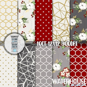 Red GOLD Floral Digital Paper Christmas watercolor flowers red gold geometric hexagons flowers cute watercolor floral gift wrap planner image 1