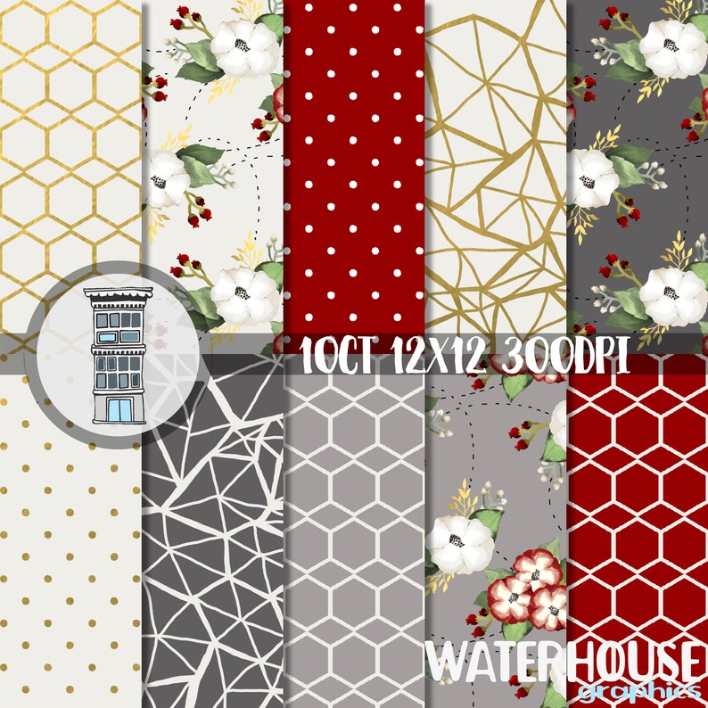 Red GOLD Floral Digital Paper Christmas watercolor flowers red gold geometric hexagons flowers cute watercolor floral gift wrap planner image 1