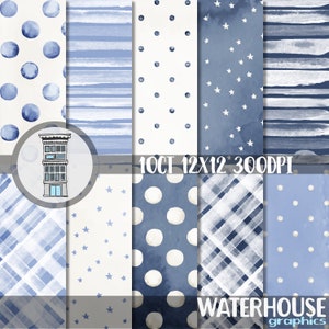 Pack de papier numérique bleu aquarelle TÉLÉCHARGEMENT numérique instantané Papier pour douche bébé garçon bleu aquarelle pois rayures aquarelle