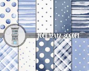 Watercolor BLUE Digital Paper Pack INSTANT digital DOWNLOAD Blue Watercolor Polka dots Watercolor Stripes backgrounds Baby Boy shower papel