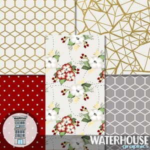 May include: A digital collage of 6 different patterns. The top left pattern is a gold honeycomb pattern. The top right pattern is a gold geometric pattern. The bottom left pattern is a red background with white polka dots. The bottom right pattern is a gray honeycomb pattern. The center pattern is a white background with a floral pattern of white flowers and red flowers. The text "WATERHOUSE graphics" is at the bottom of the image.
