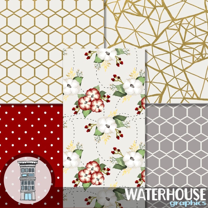 May include: A digital collage of 6 different patterns. The top left pattern is a gold honeycomb pattern. The top right pattern is a gold geometric pattern. The bottom left pattern is a red background with white polka dots. The bottom right pattern is a gray honeycomb pattern. The center pattern is a white background with a floral pattern of white flowers and red flowers. The text "WATERHOUSE graphics" is at the bottom of the image.
