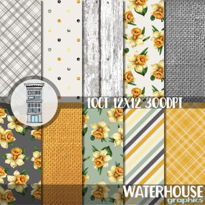 Pakiet papieru cyfrowego Daffodils Pretty Yellow Orange Vintage kwiatowy szary szałwia kremowy juta drewno cyfrowy scrapbook papier planer dziennik karty