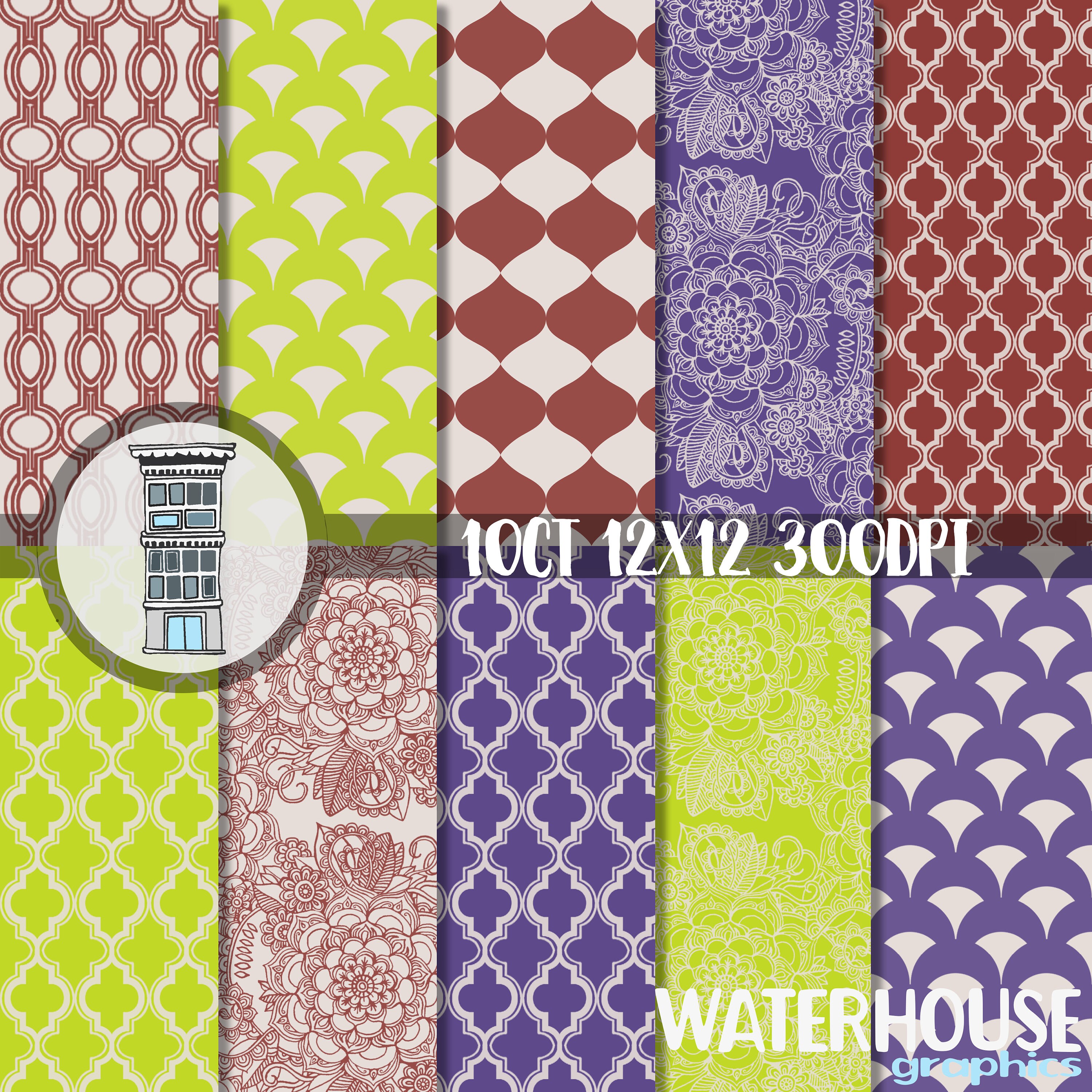 Digital Paper Pack Moroccan Patterns Lime Green Violet Purple Floral ...