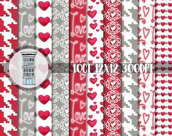 Digital Valentine Paper Pack INSTANT DOWNLOAD gray, red & pink hearts, love, houndstooth, valentines day themed digital scrapbook paper set