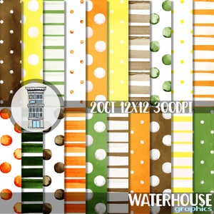 Fall Watercolor Papers Orange Brown Yellow & Green Digital Paper Pack Instant digital download Watercolor Polka dots Stripes Thanksgiving