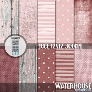 Digitale roze mauve rustiek papier Pack INSTANT DOWNLOAD Rose jute polka dots strepen houten achtergrond donker roze achtergronden babymeisje douche
