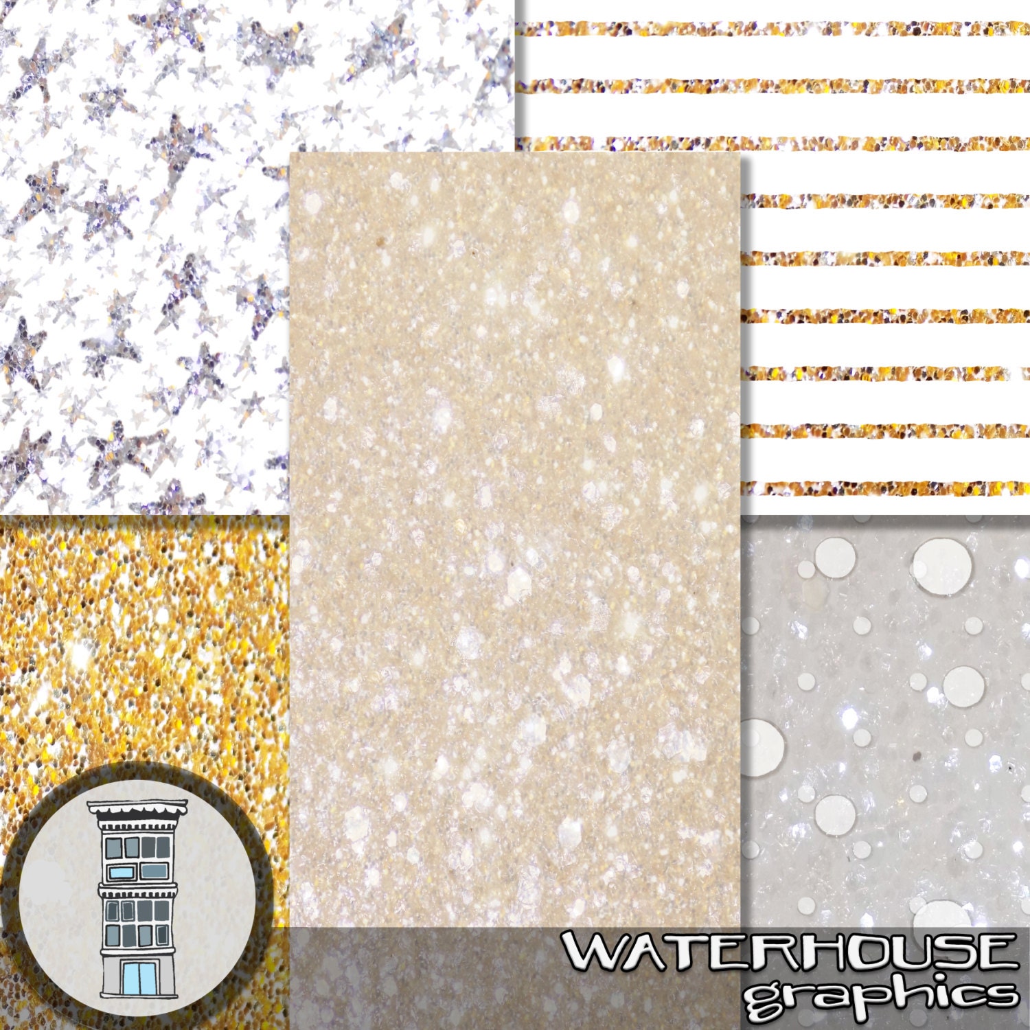 GOLD & SILVER Holiday Digital Paper Glitter Bokeh Stars Stripes Bling ...