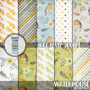 Spring Digital Paper Pack hand drawn birds floral patterns INSTANT DOWNLOAD Olive Neutral Pretty Spring Leaves Robins Papel Cards Background