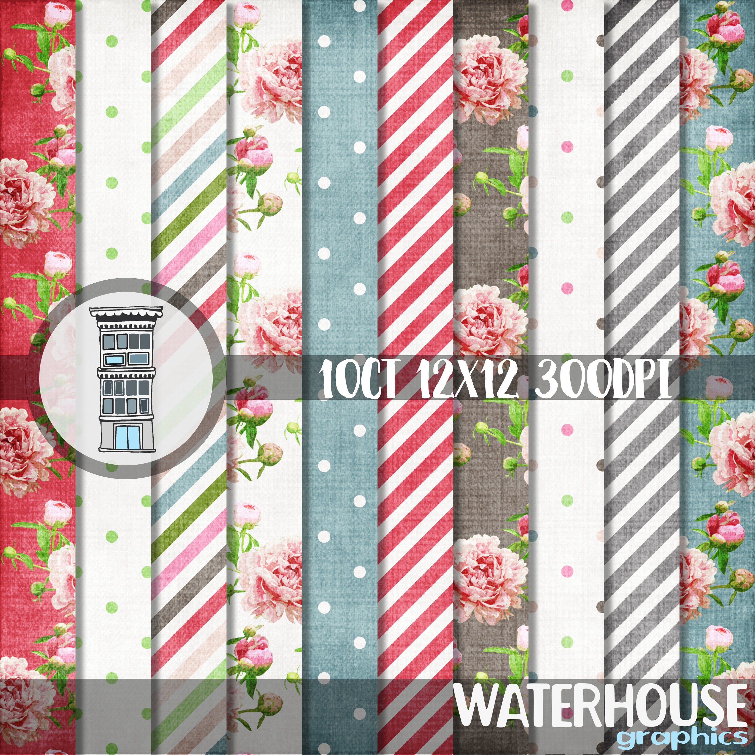Pink Peonies Teal Digital Floral PAPER PACK Instant Download Rose Pink ...