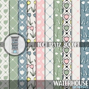 Confezione di carta digitale Tulipani Carta per scrapbooking Carta artigianale DOWNLOAD IMMEDIATO Verde salvia Rosa Country Blu Primavera Motivi floreali carte planner carta
