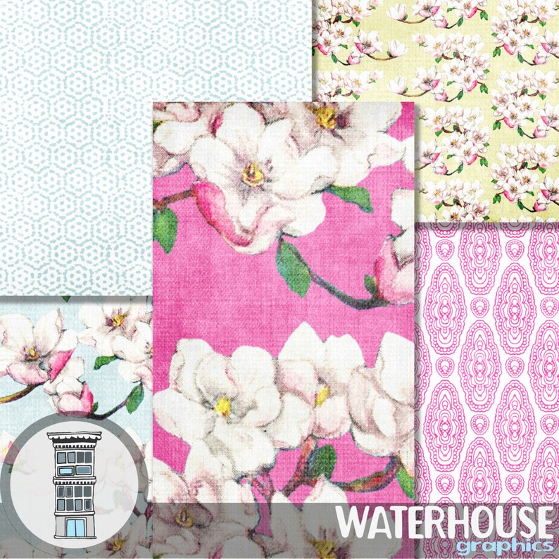 K&ouml;nnte beinhalten: Eine digitale Collage aus vier verschiedenen Mustern. Das Muster oben links ist ein hellblaues geometrisches Muster. Das Muster oben rechts ist ein gelber Hintergrund mit wei&szlig;en Blumen. Das Muster unten links ist ein rosa Hintergrund mit wei&szlig;en Blumen. Das Muster unten rechts ist ein wei&szlig;er Hintergrund mit einem rosa geometrischen Muster. Der Text "WATERHOUSE graphics" befindet sich am unteren Rand des Bildes.