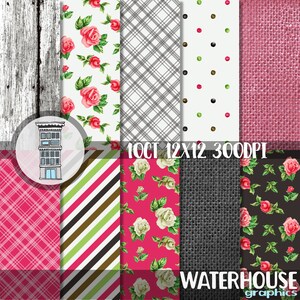 Roses Digital Paper Pack Hübsche Hochzeitsblumen Vintage floral hot pink grau Sackleinen Holz kariert digitales Scrapbook Papier Planer Journal Karten