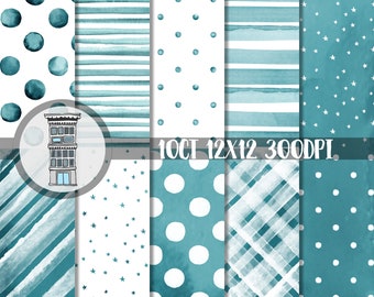 Watercolor TEAL Digital Paper Pack Instant digital DOWNLOAD seafoam aqua green blue green Polka dots Watercolor Stripes backgrounds 2c7e8a