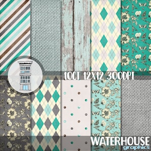 Pakiet papieru cyfrowego Teal Floral w stylu antycznym, kwiaty, zniszczone, tekstury lnu, juta, drewno, cyfrowe papiery do scrapbookingu, karty planera
