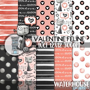 Papier numérique Saint-Valentin chats aquarelle amour coeurs pois aquarelle rayures Saint-Valentin félin papier numérique scrapbooking